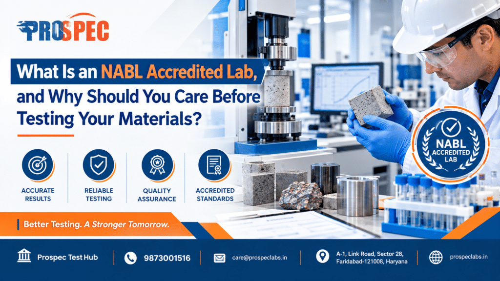 Technician testing concrete cube samples at an NABL accredited lab in Faridabad